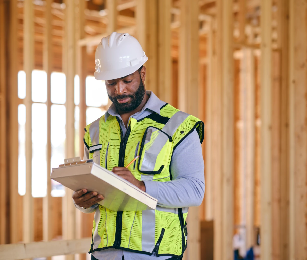 Engineer inspecting wooden structure with hardhat.